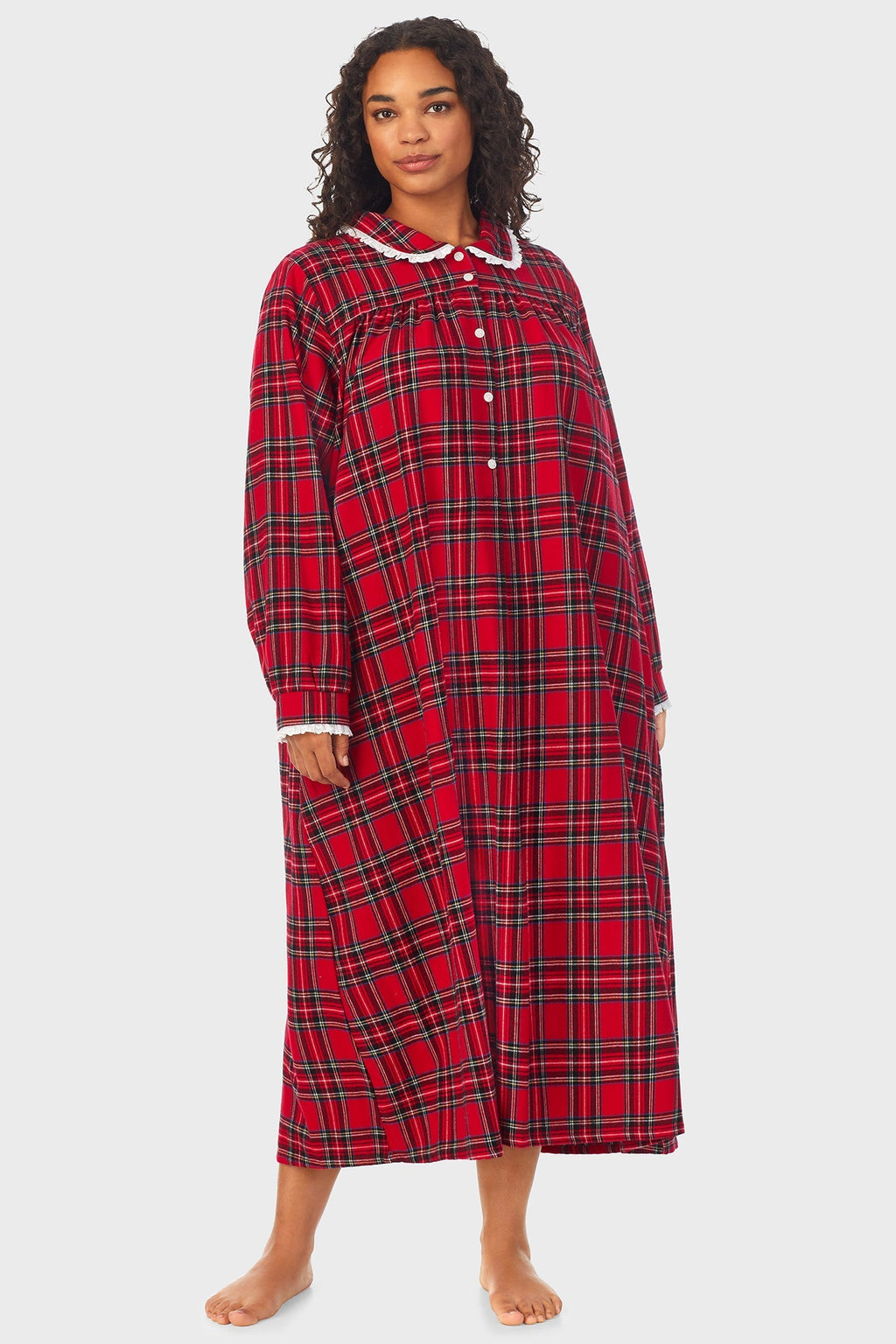 Lanz of Salzburg Women's Red Tartan Peter Pan Flannel Gown Plus