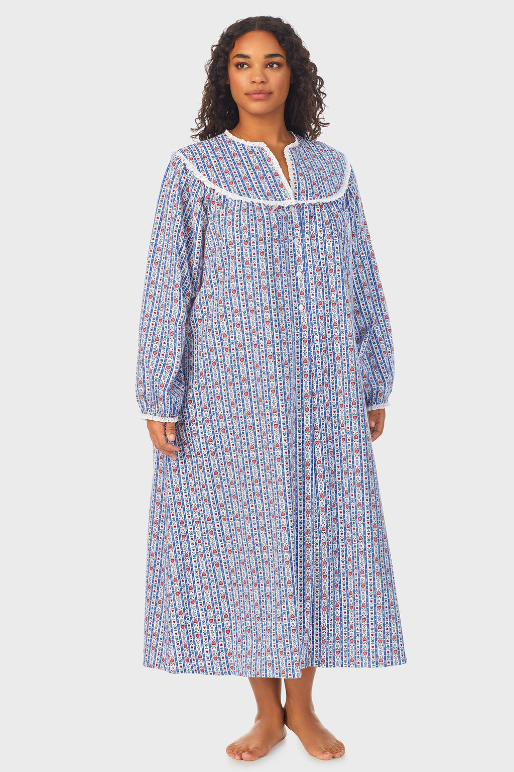 Lanz of Salzburg Women's Classic Blue Tyrolean Stripe Flannel Nightgown Plus