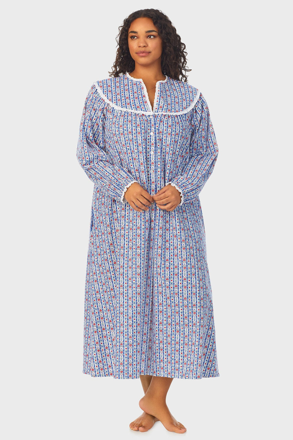 Lanz of Salzburg Women's Classic Blue Tyrolean Stripe Flannel Nightgown Plus