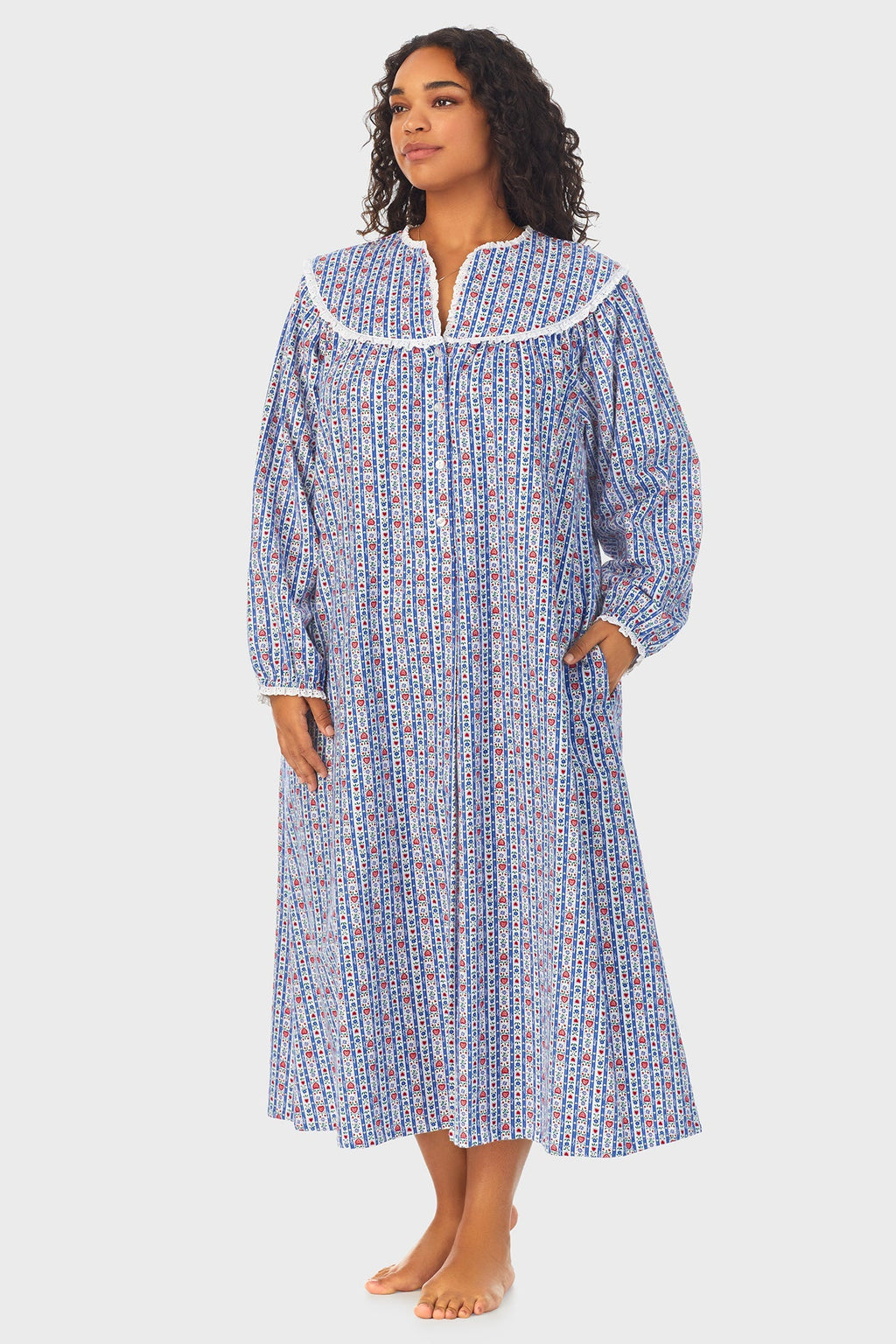Lanz of Salzburg Women's Classic Blue Tyrolean Stripe Flannel Nightgown Plus