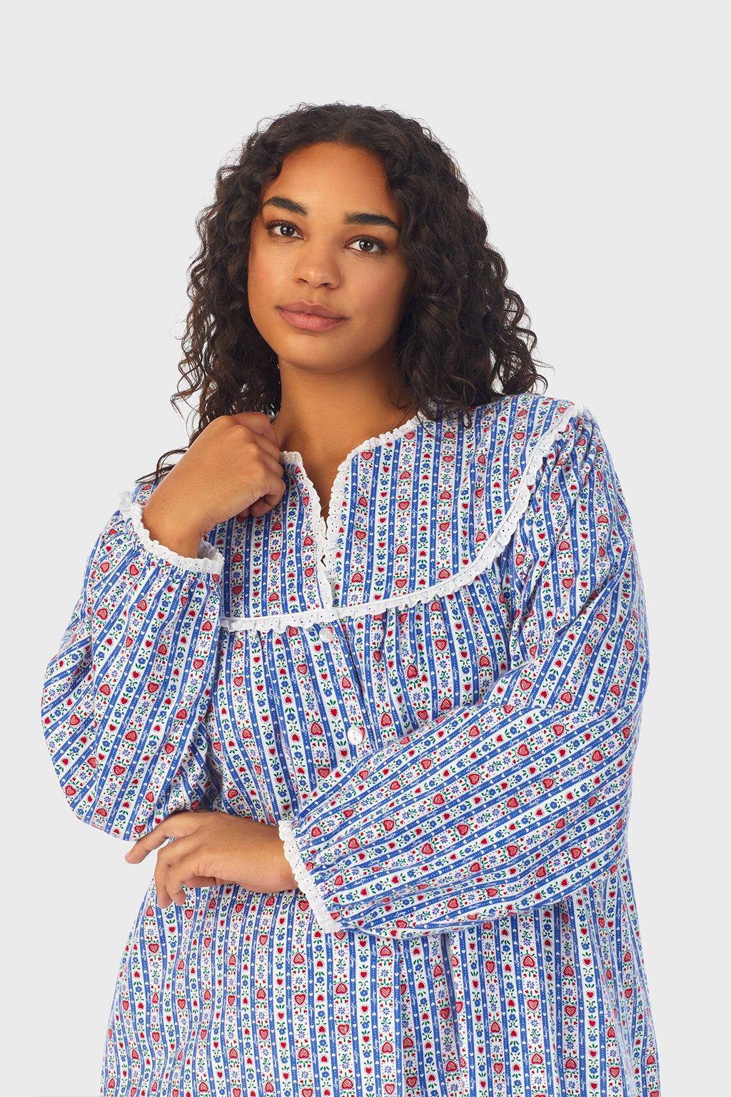 Lanz of Salzburg Women's Classic Blue Tyrolean Stripe Flannel Nightgown Plus