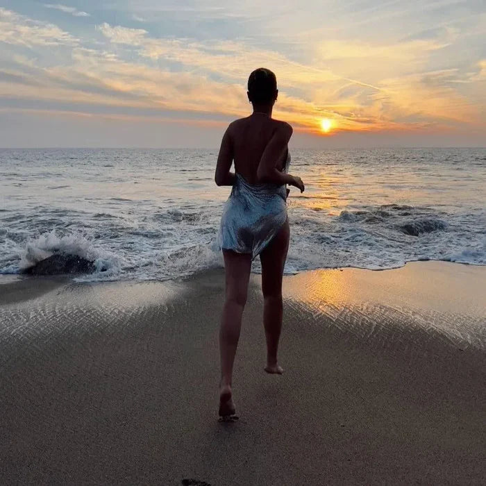 *Self Love Metallic Mesh Crystal Straps Mini Dress