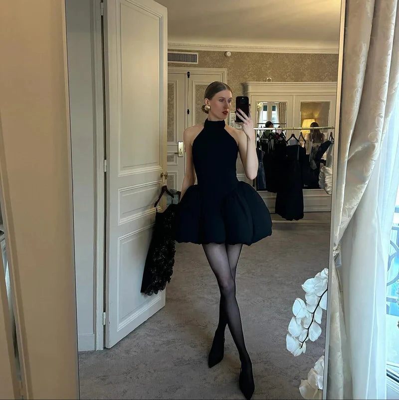 Mermaid Way Tea Time Puff Black Mini Dress