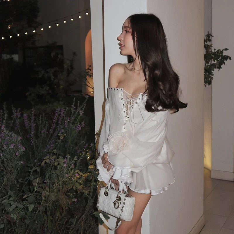 Mermaid Way Tiffany Off Shoulder Lace Up Mini Dress