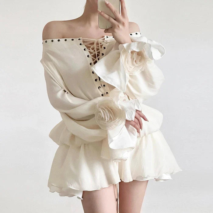 *Tiffany Off Shoulder Lace Up Mini Dress