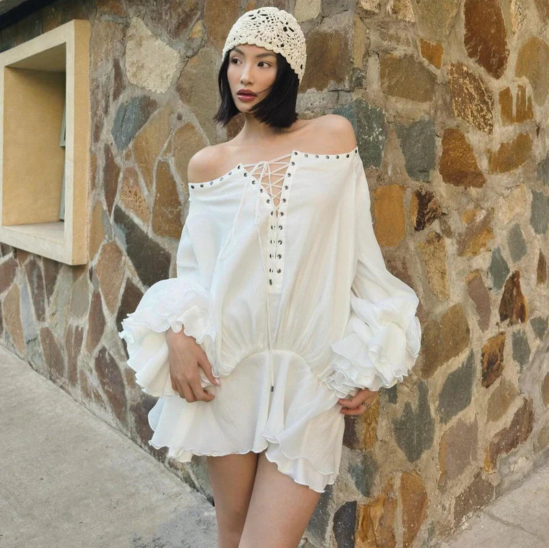 Mermaid Way Tiffany Off Shoulder Lace Up Mini Dress
