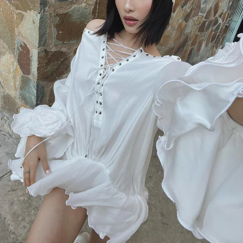 Mermaid Way Tiffany Off Shoulder Lace Up Mini Dress