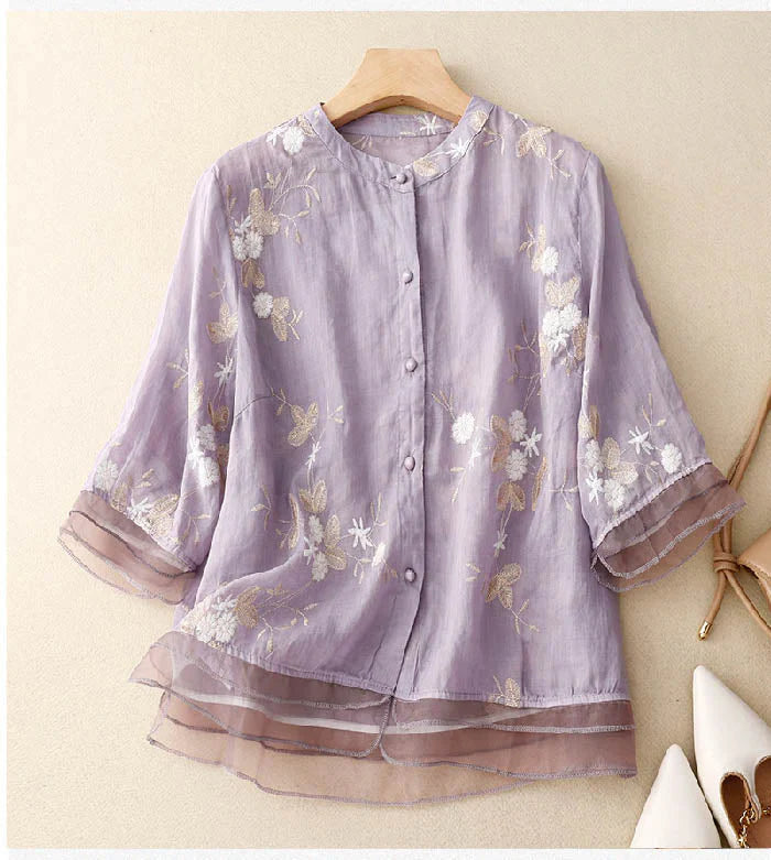 Nabalu Celestine | Women’s Embroidered Button Front Relaxed Blouse