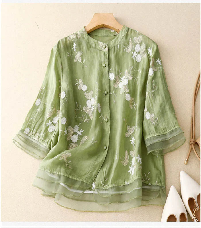 Nabalu Celestine | Women’s Embroidered Button Front Relaxed Blouse